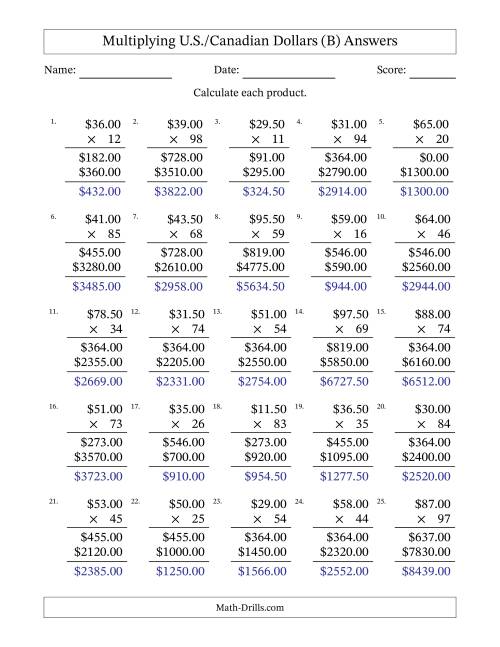 The Mulitplying U.S./Canadian Dollars (10.00 to 99.50) in Increments of Fifty Cents by Two-Digit Multipliers (B) Math Worksheet Page 2