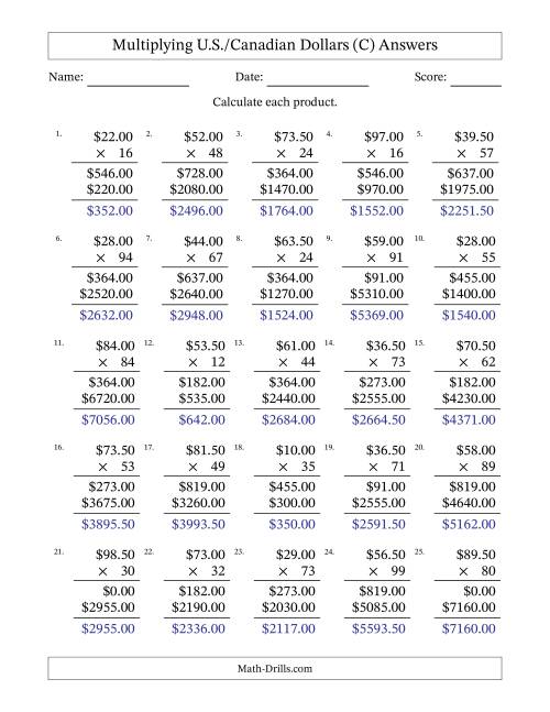 The Mulitplying U.S./Canadian Dollars (10.00 to 99.50) in Increments of Fifty Cents by Two-Digit Multipliers (C) Math Worksheet Page 2