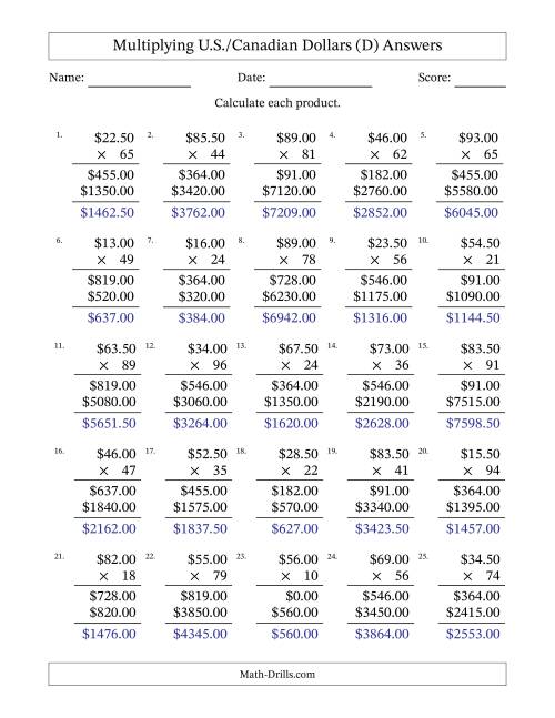 The Mulitplying U.S./Canadian Dollars (10.00 to 99.50) in Increments of Fifty Cents by Two-Digit Multipliers (D) Math Worksheet Page 2