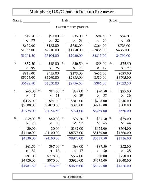 The Mulitplying U.S./Canadian Dollars (10.00 to 99.50) in Increments of Fifty Cents by Two-Digit Multipliers (E) Math Worksheet Page 2