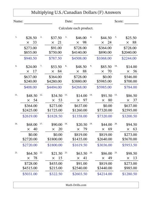 The Mulitplying U.S./Canadian Dollars (10.00 to 99.50) in Increments of Fifty Cents by Two-Digit Multipliers (F) Math Worksheet Page 2