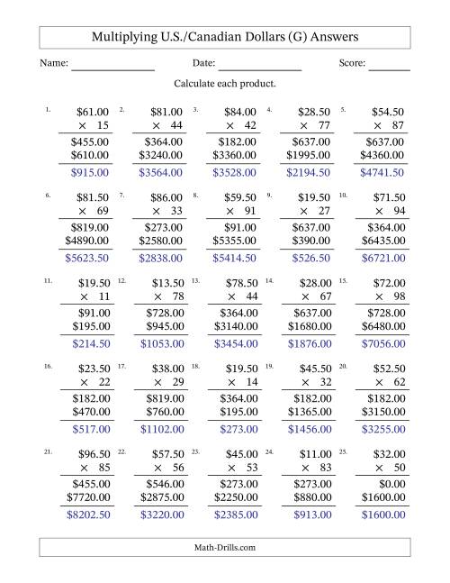 The Mulitplying U.S./Canadian Dollars (10.00 to 99.50) in Increments of Fifty Cents by Two-Digit Multipliers (G) Math Worksheet Page 2