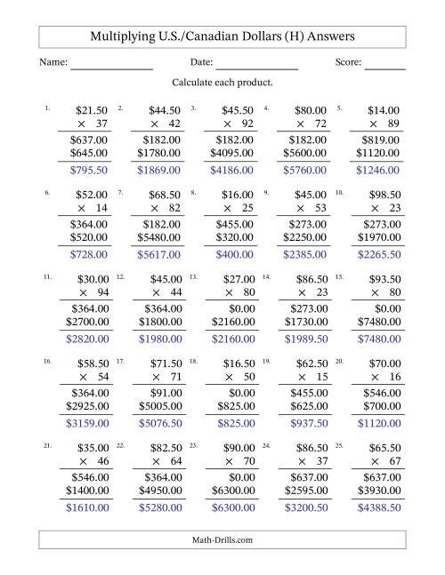 The Mulitplying U.S./Canadian Dollars (10.00 to 99.50) in Increments of Fifty Cents by Two-Digit Multipliers (H) Math Worksheet Page 2