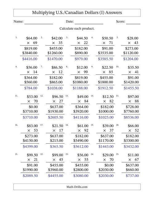 The Mulitplying U.S./Canadian Dollars (10.00 to 99.50) in Increments of Fifty Cents by Two-Digit Multipliers (I) Math Worksheet Page 2