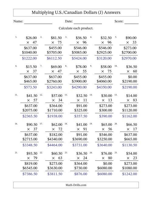 The Mulitplying U.S./Canadian Dollars (10.00 to 99.50) in Increments of Fifty Cents by Two-Digit Multipliers (J) Math Worksheet Page 2