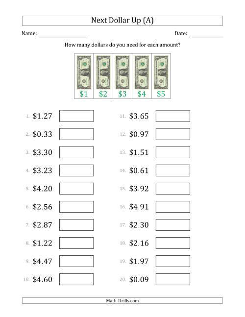Next Dollar Up Strategy with Amounts to $5 (A) Money Worksheet