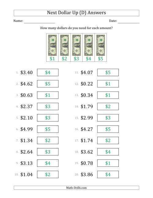 The Next Dollar Up Strategy with Amounts to $5 (U.S.) (D) Math Worksheet Page 2