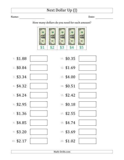 The Next Dollar Up Strategy with Amounts to $5 (U.S.) (J) Math Worksheet