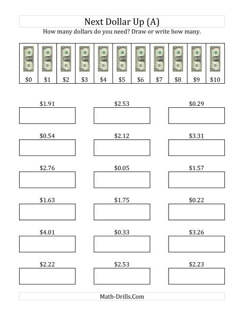 The Next Dollar Up Strategy with Amounts to $5 (Old) Math Worksheet