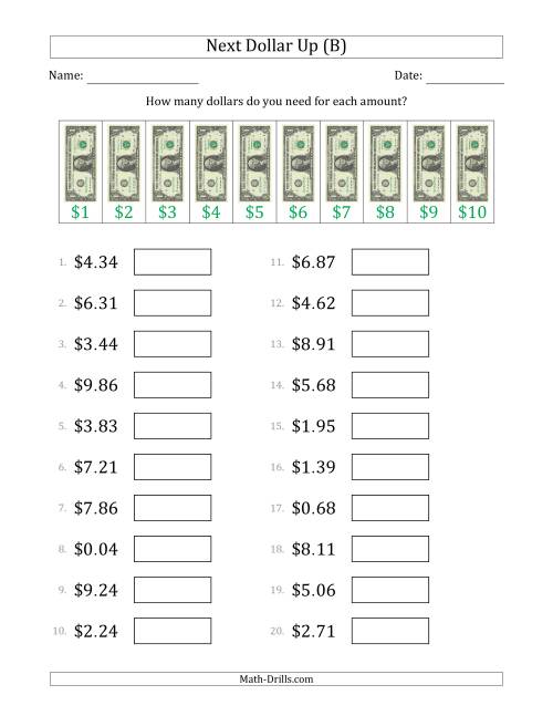 The Next Dollar Up Strategy with Amounts to $10 (U.S.) (B) Math Worksheet