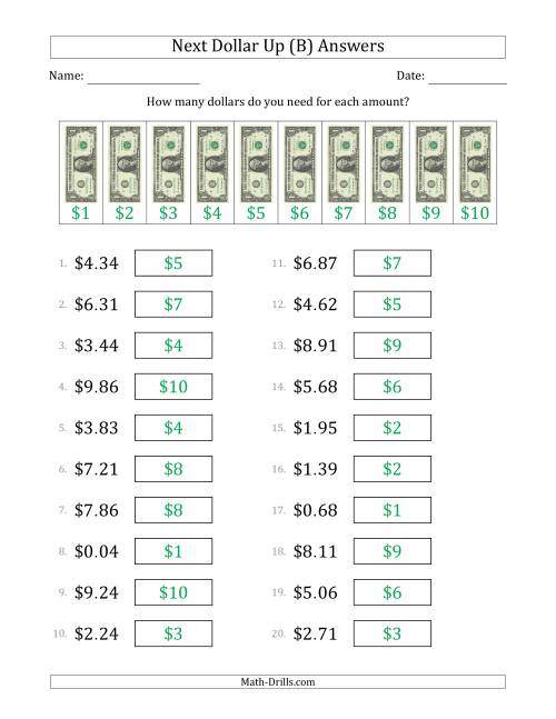 The Next Dollar Up Strategy with Amounts to $10 (U.S.) (B) Math Worksheet Page 2