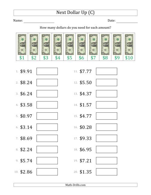 The Next Dollar Up Strategy with Amounts to $10 (U.S.) (C) Math Worksheet
