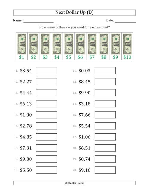 The Next Dollar Up Strategy with Amounts to $10 (U.S.) (D) Math Worksheet