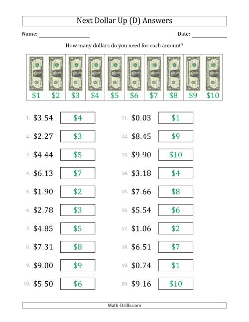 The Next Dollar Up Strategy with Amounts to $10 (U.S.) (D) Math Worksheet Page 2