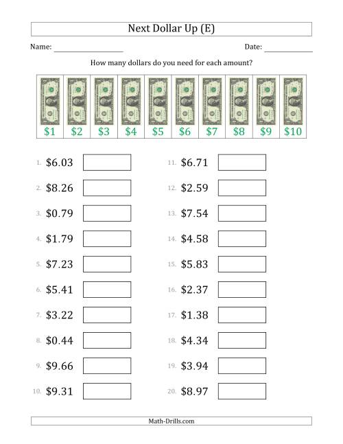 The Next Dollar Up Strategy with Amounts to $10 (U.S.) (E) Math Worksheet