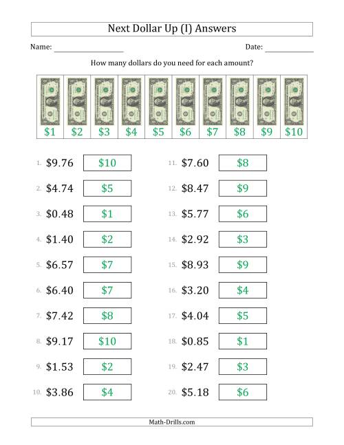 The Next Dollar Up Strategy with Amounts to $10 (U.S.) (I) Math Worksheet Page 2