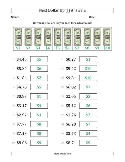The Next Dollar Up Strategy with Amounts to $10 (U.S.) (J) Math Worksheet Page 2