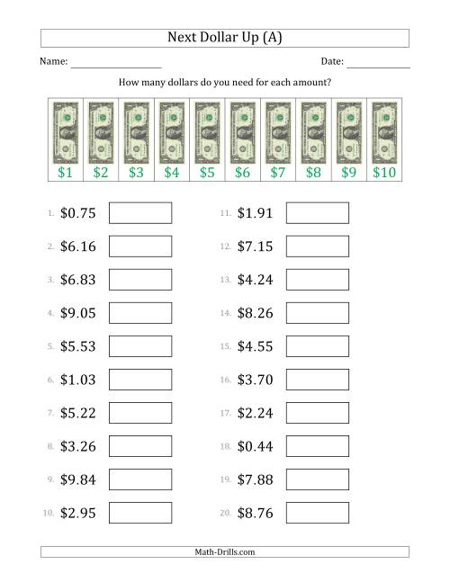 The Next Dollar Up Strategy with Amounts to $10 (U.S.) (All) Math Worksheet
