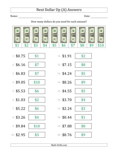 The Next Dollar Up Strategy with Amounts to $10 (U.S.) (All) Math Worksheet Page 2