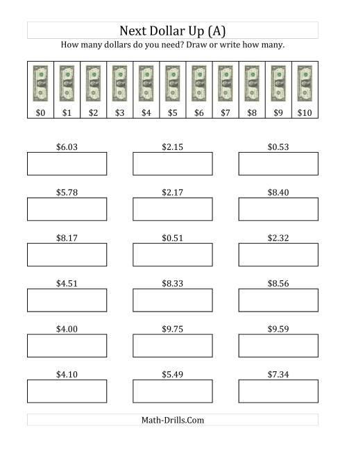 The Next Dollar Up Strategy with Amounts to $10 (Old) Math Worksheet