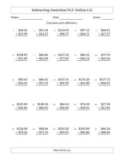 Subtracting Australian/N.Z. Dollars With Amounts from 10.00 to 99.99 in Increments of One Cent