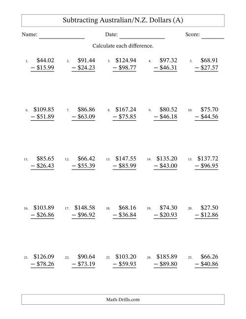 The Subtracting Australian/N.Z. Dollars With Amounts from 10.00 to 99.99 in Increments of One Cent (A) Math Worksheet