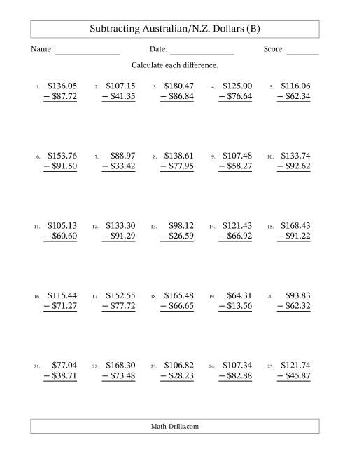 The Subtracting Australian/N.Z. Dollars With Amounts from 10.00 to 99.99 in Increments of One Cent (B) Math Worksheet