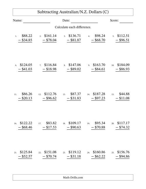 The Subtracting Australian/N.Z. Dollars With Amounts from 10.00 to 99.99 in Increments of One Cent (C) Math Worksheet