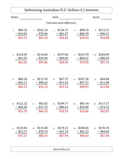 The Subtracting Australian/N.Z. Dollars With Amounts from 10.00 to 99.99 in Increments of One Cent (C) Math Worksheet Page 2