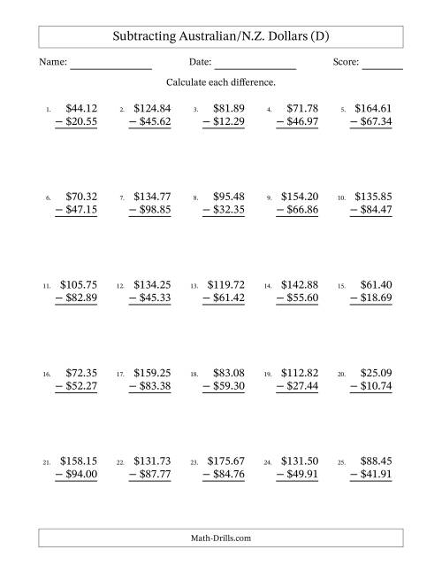 The Subtracting Australian/N.Z. Dollars With Amounts from 10.00 to 99.99 in Increments of One Cent (D) Math Worksheet