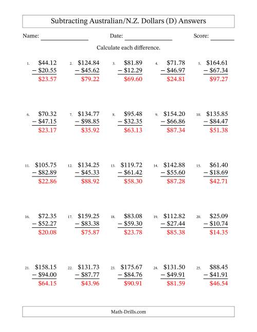 The Subtracting Australian/N.Z. Dollars With Amounts from 10.00 to 99.99 in Increments of One Cent (D) Math Worksheet Page 2