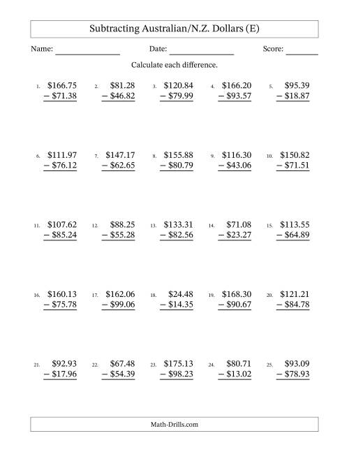 The Subtracting Australian/N.Z. Dollars With Amounts from 10.00 to 99.99 in Increments of One Cent (E) Math Worksheet