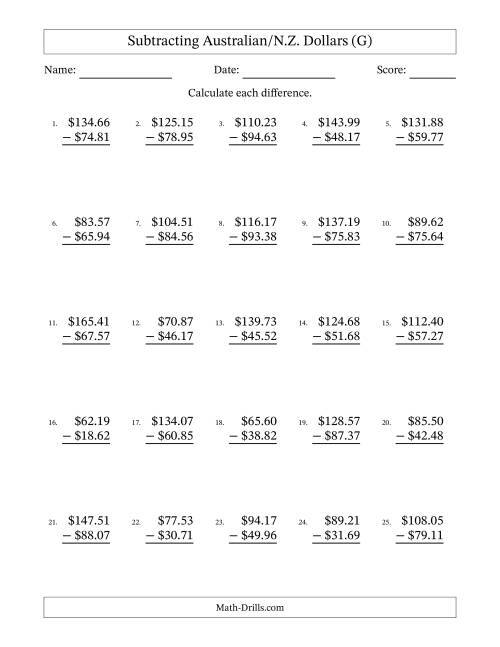 The Subtracting Australian/N.Z. Dollars With Amounts from 10.00 to 99.99 in Increments of One Cent (G) Math Worksheet