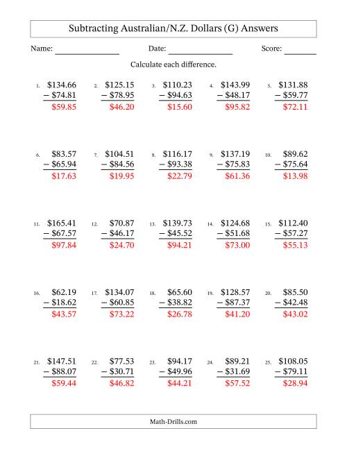 The Subtracting Australian/N.Z. Dollars With Amounts from 10.00 to 99.99 in Increments of One Cent (G) Math Worksheet Page 2