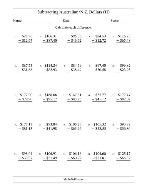 The Subtracting Australian/N.Z. Dollars With Amounts from 10.00 to 99.99 in Increments of One Cent (H) Math Worksheet