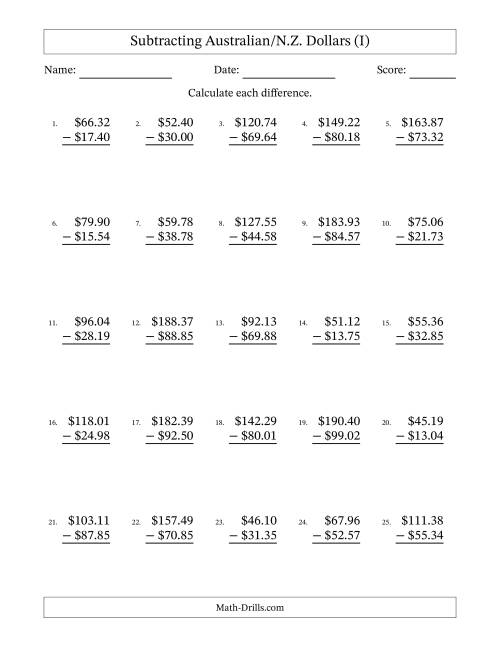 The Subtracting Australian/N.Z. Dollars With Amounts from 10.00 to 99.99 in Increments of One Cent (I) Math Worksheet