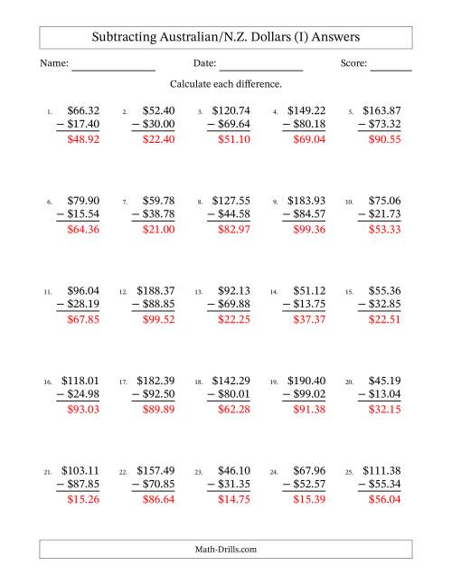 The Subtracting Australian/N.Z. Dollars With Amounts from 10.00 to 99.99 in Increments of One Cent (I) Math Worksheet Page 2