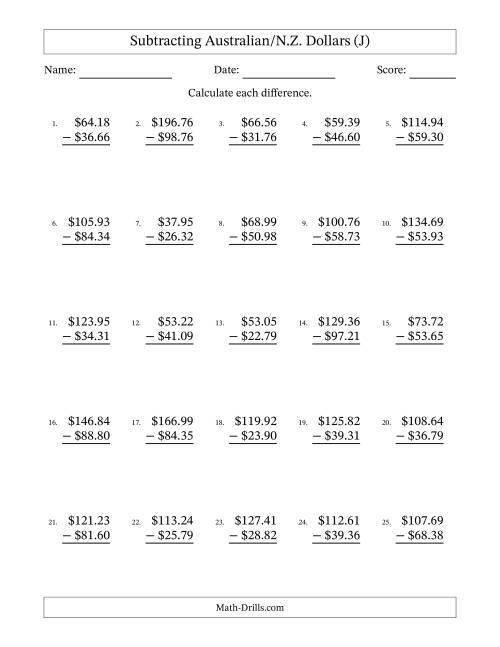 The Subtracting Australian/N.Z. Dollars With Amounts from 10.00 to 99.99 in Increments of One Cent (J) Math Worksheet