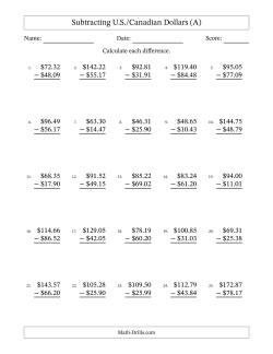 Subtracting U.S./Canadian Dollars With Amounts from 10.00 to 99.99 in Increments of One Cent