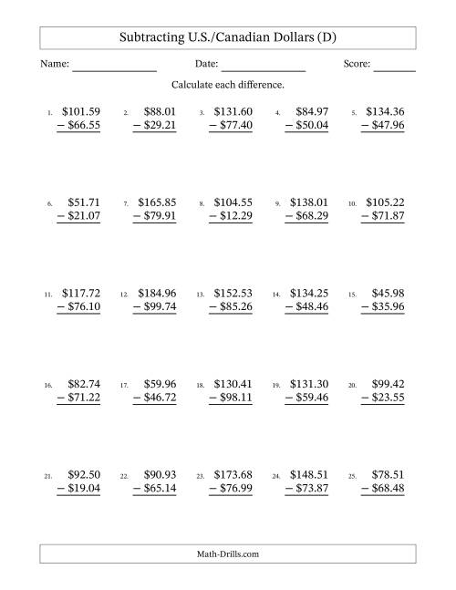 The Subtracting U.S./Canadian Dollars With Amounts from 10.00 to 99.99 in Increments of One Cent (D) Math Worksheet