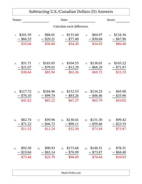 The Subtracting U.S./Canadian Dollars With Amounts from 10.00 to 99.99 in Increments of One Cent (D) Math Worksheet Page 2