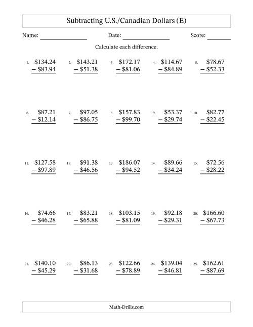 The Subtracting U.S./Canadian Dollars With Amounts from 10.00 to 99.99 in Increments of One Cent (E) Math Worksheet