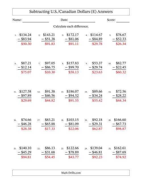 The Subtracting U.S./Canadian Dollars With Amounts from 10.00 to 99.99 in Increments of One Cent (E) Math Worksheet Page 2