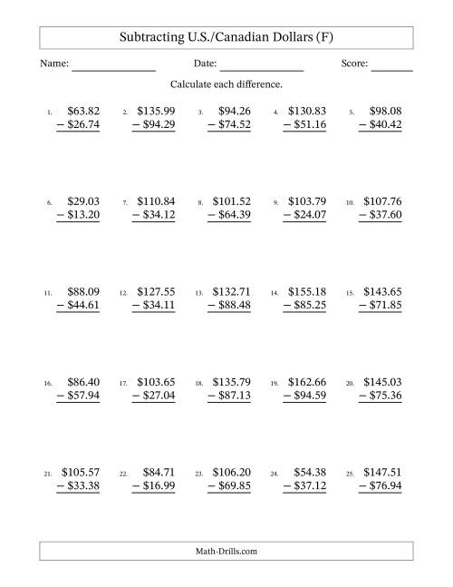 The Subtracting U.S./Canadian Dollars With Amounts from 10.00 to 99.99 in Increments of One Cent (F) Math Worksheet