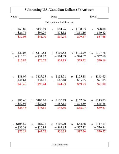 The Subtracting U.S./Canadian Dollars With Amounts from 10.00 to 99.99 in Increments of One Cent (F) Math Worksheet Page 2