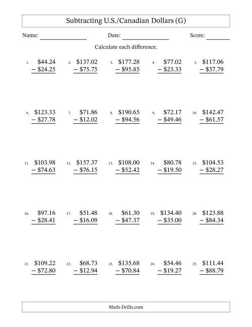 The Subtracting U.S./Canadian Dollars With Amounts from 10.00 to 99.99 in Increments of One Cent (G) Math Worksheet