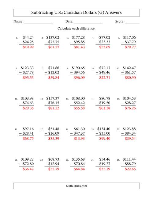 The Subtracting U.S./Canadian Dollars With Amounts from 10.00 to 99.99 in Increments of One Cent (G) Math Worksheet Page 2