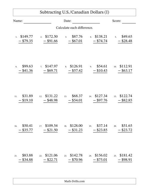 The Subtracting U.S./Canadian Dollars With Amounts from 10.00 to 99.99 in Increments of One Cent (I) Math Worksheet