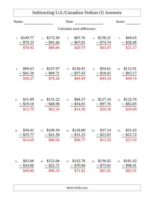 The Subtracting U.S./Canadian Dollars With Amounts from 10.00 to 99.99 in Increments of One Cent (I) Math Worksheet Page 2