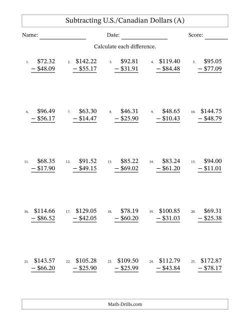 The Subtracting U.S./Canadian Dollars With Amounts from 10.00 to 99.99 in Increments of One Cent (All) Math Worksheet